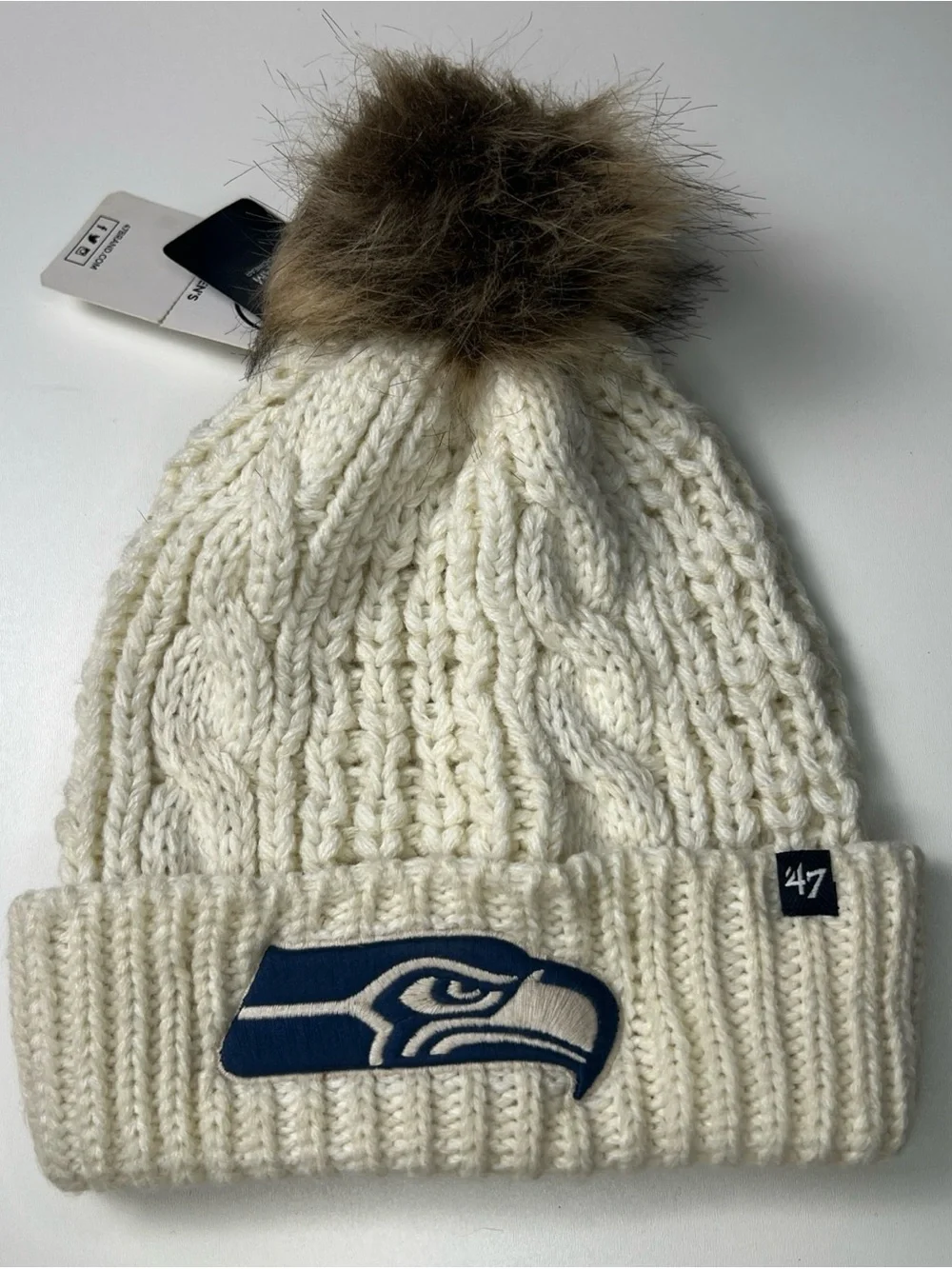 '47 Seattle Seahawks Cream Pom Cable Knit Beanie Women’s OS
